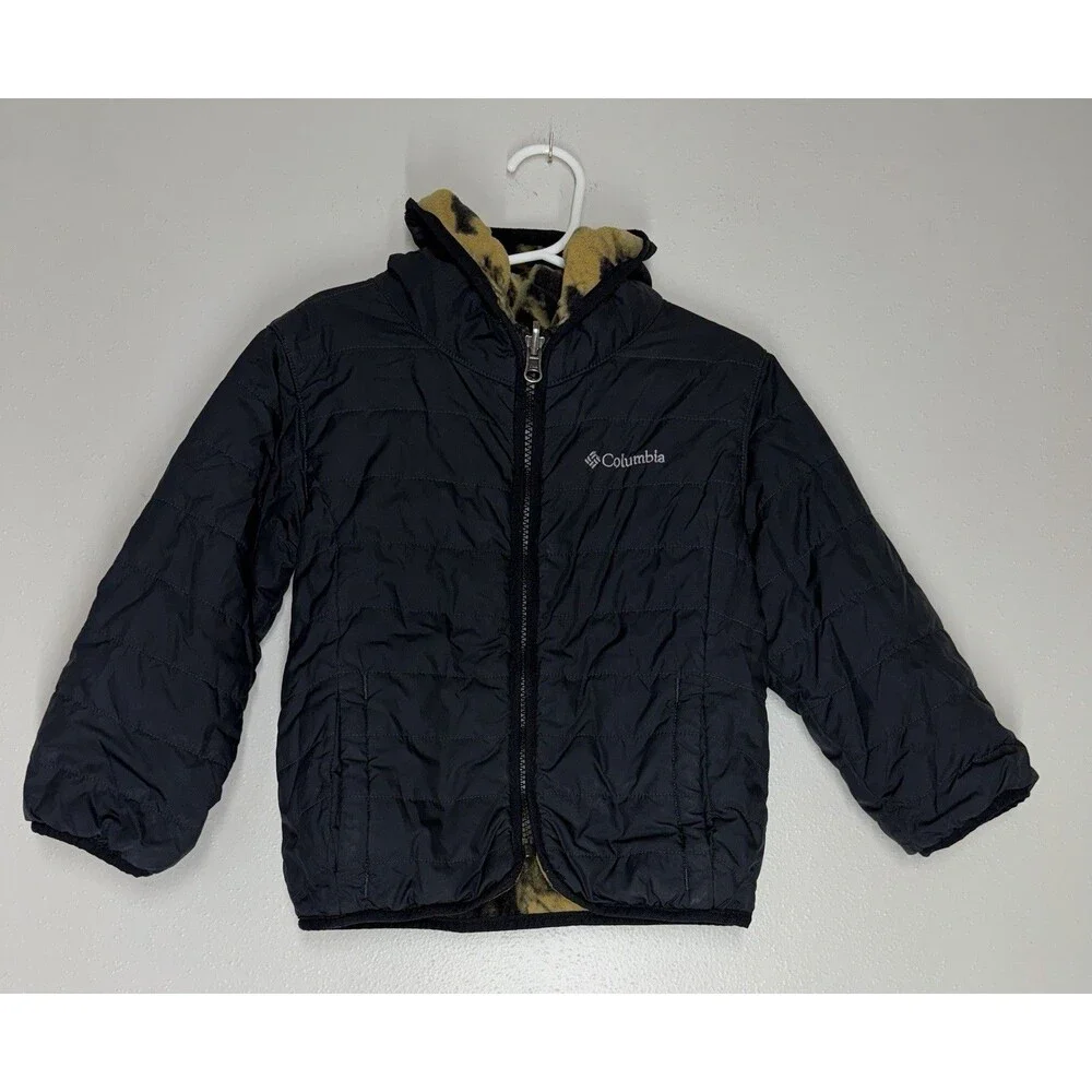 Columbia Reversible black Puffer Jacket Hooded camo Fleece Hunting Outdoor 4T